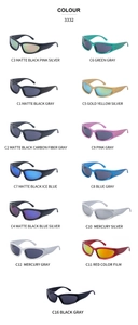 Matrix view of various aerodynamic sports sunglasses frames and colorful lens options