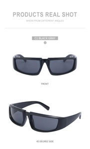 Detailed front and side view of black wrap-around steampunk sunglasses with gray lenses