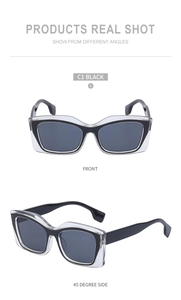 Front and side view of black cat-eye sunglasses with transparent frame edges and dark lenses