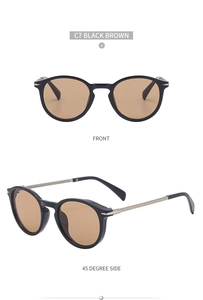 Front and side view of retro cat-eye sunglasses in black frame with brown lenses