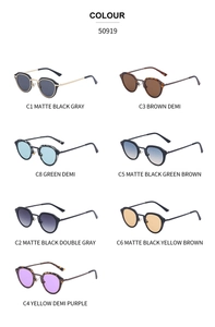 Matrix display of vintage cat-eye sunglasses in seven assorted frame and lens colors