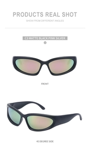 Detail shot of C3 matte black cycling sunglasses with pink silver mirrored lenses