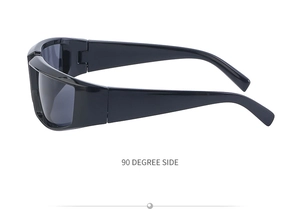 Side view of 90-degree wrap-around steampunk sunglasses with black frames and dark lenses
