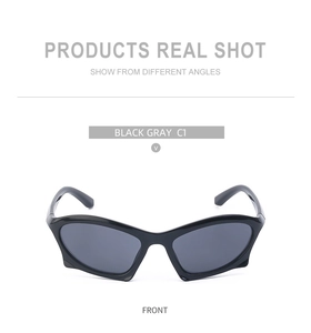 Front view of Y2K punk style small frame sunglasses with black frame and gray lenses