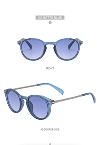 Detailed views of matte blue round frame sunglasses with purple gradient lenses