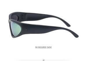 90-degree side view of matte black sports sunglasses with reflective green lenses