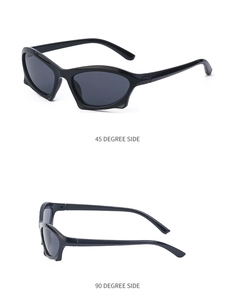 Detail view of black punk style rectangle sunglasses from 45 and 90 degree side angles