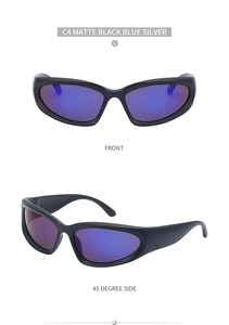 Front and side view of matte black sports cycling sunglasses with blue mirror lenses