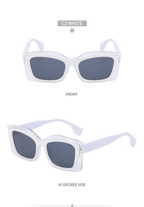 Front and 45-degree side views of white cat eye sunglasses with dark gray lenses