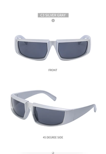 Detailed front and 45-degree side views of silver steampunk wrap sunglasses