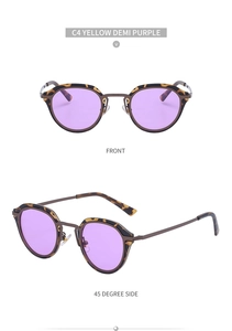 Detailed views of retro cat eye sunglasses with yellow demi frames and purple lenses