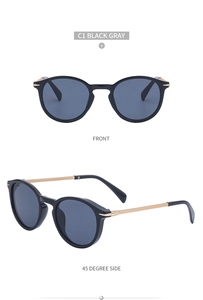 Front and side view of retro round sunglasses with black gray lenses and gold temples