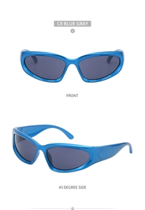 Front and 45-degree side view of blue sporty cycling sunglasses with wrap-around frames