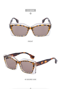 Detail view of C3 Demi cat eye sunglasses with tortoise pattern and transparent layers