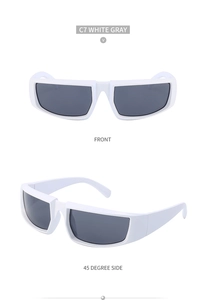 Front and 45-degree side view of rectangular white sport sunglasses with gray lenses