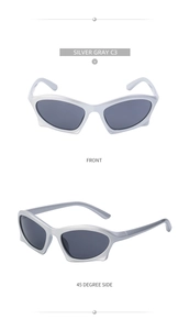 Front and 45-degree side views of silver futuristic Y2K sports sunglasses with grey lenses