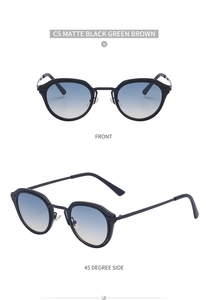 Front and 45-degree side views of matte black C5 sunglasses with blue gradient lenses