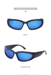 Matte black sports sunglasses with ice blue mirrored lenses shown from front and side angles
