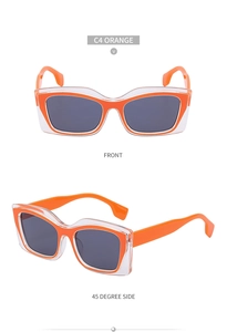 Detail view of stylish orange cat eye sunglasses with grey lenses from multiple angles
