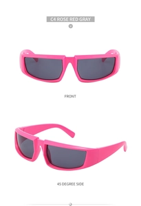 Front and 45-degree side views of rose red rectangle steampunk sunglasses with gray lenses