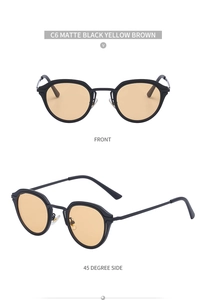 Detailed views of matte black cat-eye sunglasses with yellow brown lenses in dual angles