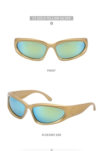 Front and 45-degree views of cycling sunglasses with gold frames and gradient blue lenses