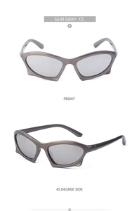 Close-up of gun gray geometric punk sunglasses in front and 45-degree side views