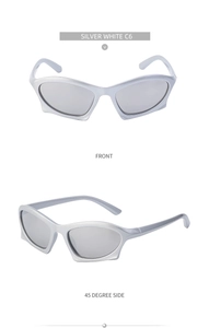 Front and 45 degree side view of silver Y2K futuristic wrap-around sports sunglasses