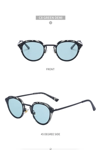 Detailed front and 45-degree side view of vintage cat-eye sunglasses with green demi frame