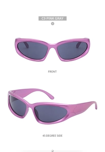 Detailed front and side views of pink cat eye sports sunglasses with gray lenses