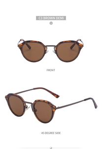 Detail view of C3 Brown Demi vintage cat-eye sunglasses with polished tortoiseshell texture