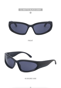 Front and 45-degree side view of matte black retro sports cycling sunglasses with gray lenses