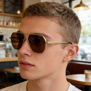 Detailopname van gouden aviator gepolariseerde zonnebril met bruine glazen