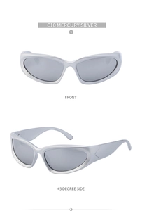 Front and 45-degree views of Y2K mercury silver cycling sunglasses with UV protection
