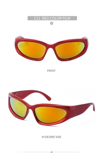 Detail view of red cycling sunglasses with orange mirrored lenses and Y2K aesthetic