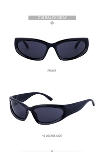 Front and side view of sporty black wrap-around sunglasses with dark grey lenses