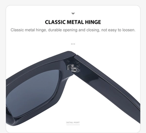 Detailed close-up of a classic metal hinge on steampunk black frame sunglasses