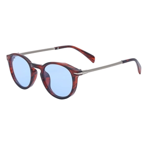 Retro tortoise round sunglasses with blue transparent lenses and slim silver metal temples