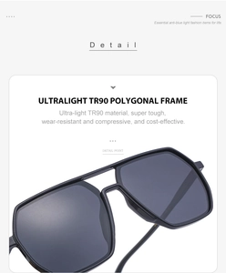 Macrodetail van ultralicht TR90 zwart polygoon montuur met blauw licht filter functie