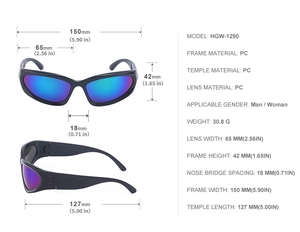 Detailed physical dimensions and technical specs of wrap-around cycling sports sunglasses