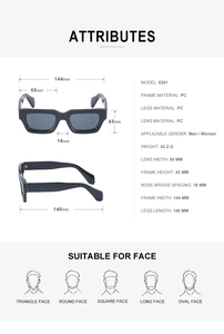 Detailed dimensions of rectangular Y2K steampunk sunglasses with black PC frames