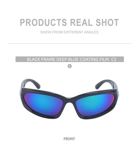 Detail of cycling sunglasses with black frame and deep blue coating film C3