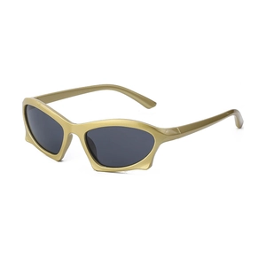 Y2K punk style small frame sunglasses with shiny gold metallic frame and dark lenses