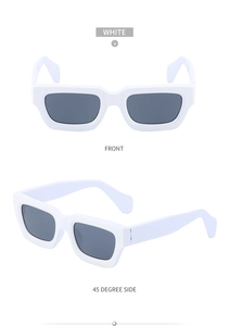 Front and 45-degree side view of white rectangular steampunk sunglasses with dark lenses