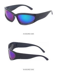 Cycling sunglasses featuring 45 and 90 degree side views with colorful polarized lenses