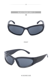 Front and 45-degree side view of black frame Y2K cycling sunglasses with grey lenses