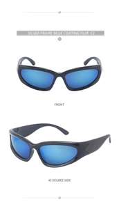 Sporty wraparound sunglasses with blue mirrored lenses and black frame in dual view