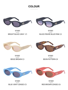 Aperçu de six variantes de couleurs de lunettes de soleil ovales avec détails logo