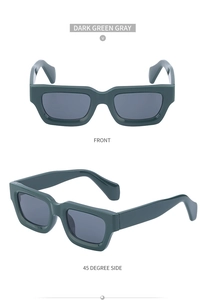 Front and 45-degree side view of dark green square sunglasses with grey lenses
