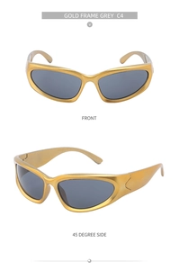 Multiple views of futuristic gold frame cycling sunglasses with grey lenses, style C4